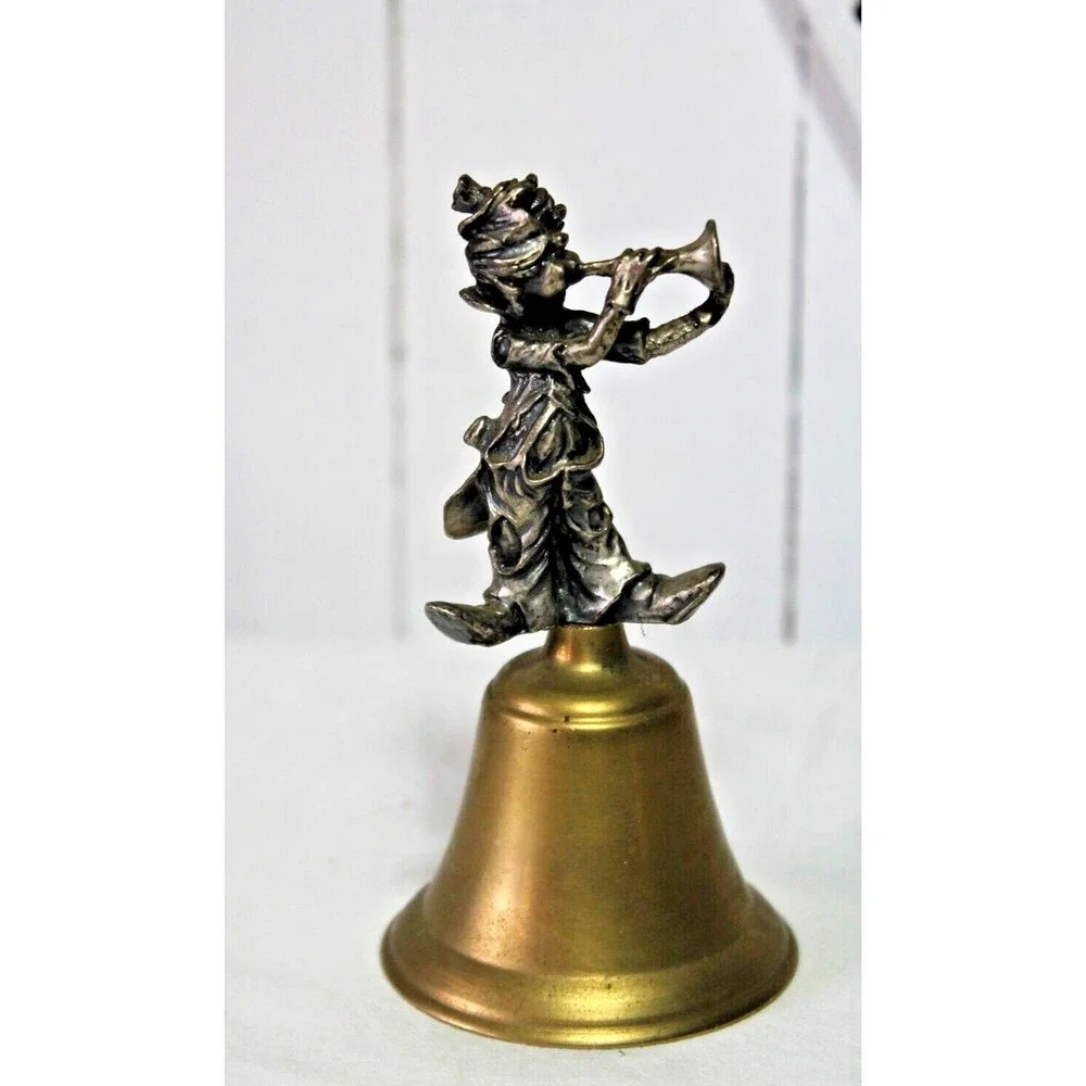 Vintage Brass Dinner Bell with Pewter Circus Trumpet Playing Clown 4.75” Tall